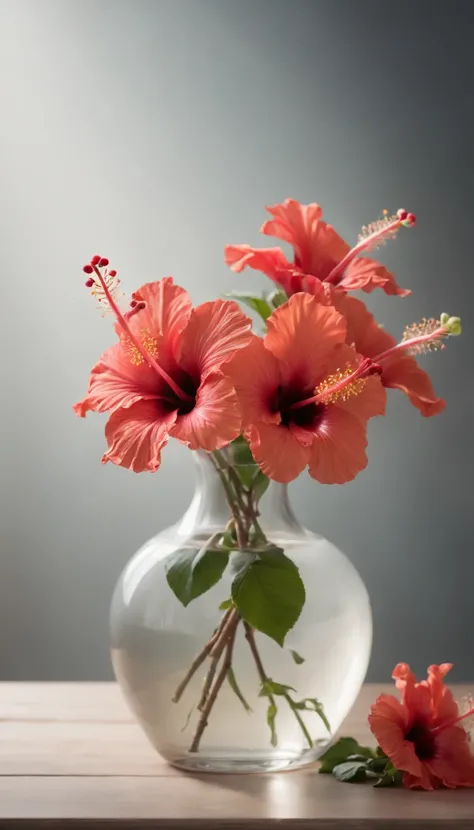 (masterpiece, best quality, ultra-detailed, 8k wallpaper, photorealistic), a bouquet of hibiscus made entirely of metal, glass vase, conceptual, studio lighting