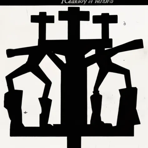 In the style of a 70s horror novel, silhouette of Calvary Hill with three people crucified on crosses, and glowing eyes on the person in the middle.