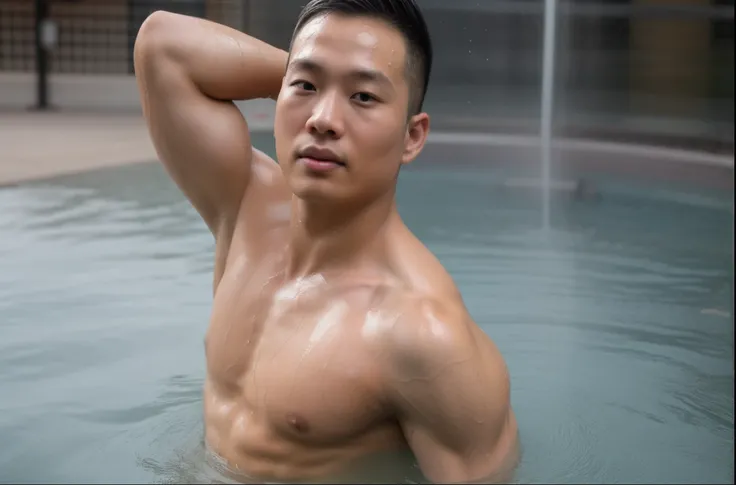 (Andrew thomas huang), (wet:1.2), oval face, neat muscular, shirtless