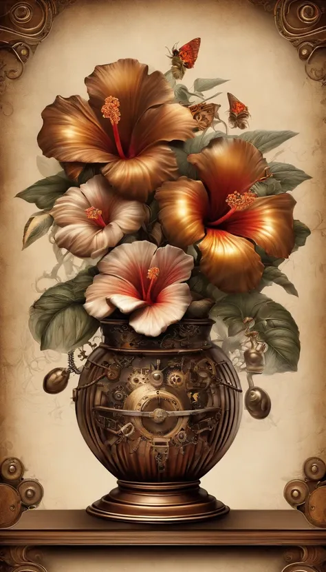 (masterpiece, best quality, ultra-detailed, 8k wallpaper, photorealistic), a bouquet of hibiscus made entirely of metal, glass vase, conceptual, studio lighting