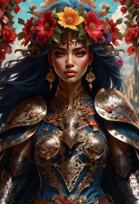 stunning portrait of a Western mythological Valkyrie, visually diverse and interesting concept, detailed tachism style, merciless illusions that surrounded, illustration features a sword and shield made of metallic flowers, Valkyrie is adorned in intricate...