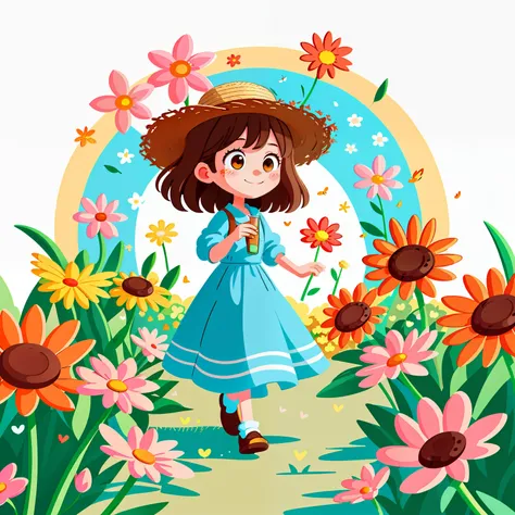 Girl with brown hair，put on spring clothes，springtime（Wearing a straw hat）（hold love in hands）Wandering among flowers，in the early morning，（There is love）Happy，Surrounded by love，Surrounded by love，O sign，vector，line art，designs，inspiration，straight line，R...