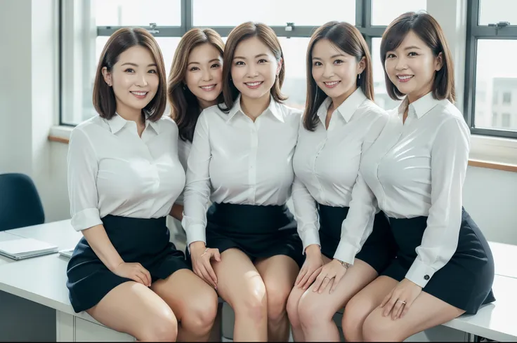 ((Best Quality, 8k, Masterpiecedetails, ultra-high resolution)), (group picture), (looking at the viewer), (fmiddle shot:), attractive business 5 milfs, 5 people, a bit chubby:0.25, white collared shirt, grey skirt, (sitting with cross legs on office desks...