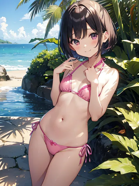 top-quality、extremely delicate and beautiful、Elementary school girls、5th grade elementary school、japanes、（（Pink Micro Bikini））、mesugaki、A smile、A dark-haired、Sea on jungle background、is standing、short-hair