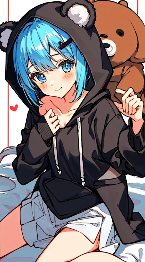 naked hoodie, 1girl, virtual Youtuber, alone, Tail, Gawrs Mouth, blue eyes, Multicolored hair, Bear Tail, Looking at viewers, a smile, red blush, bangs, blue hairs, sitting on, flat chest, fluted hair, hair ornaments, gray hair, long sleeves, brown hoodie,...