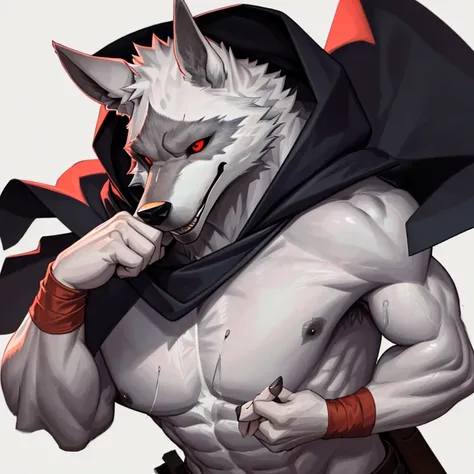 (The ultimate wolf of death) Best quality at best, 超高分辨率,1 Furry boy， Alone，詳細な目, Volumetriclighting, Amazing cleavage, Detailed pubic hair, cow boy shooting, Cloak , White fur, red eyes, White sclera, Bright pupils, Bright atmosphere, musculous, Upper par...