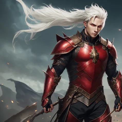 Male with Dark skin, white hair, red eyes wearing armor