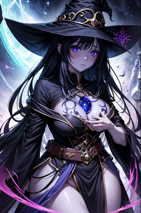 dark magic user, black holes, witch, cursed tattoo on body, robes, grey skin, crest, close-up, huge magic circle on hand, fantasy art, sapphire accesory, perfect body shape, look away, shy blushing face, masterpieces, solo, magical belt, void aura, mystic ...