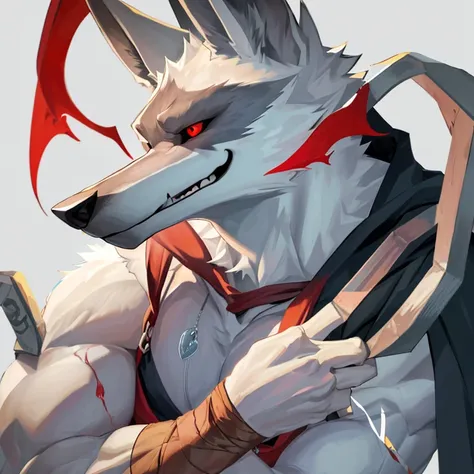 (The ultimate wolf of death) Best quality, 超高分辨率,1 Furry boy， Alone，詳細な目, Volumetriclighting, Amazing cleavage, Detailed pubic hair, cow boy shooting, Cloak , White fur, red eyes, White sclera, Bright pupils, Bright atmosphere, Muscular, Upper part of the ...