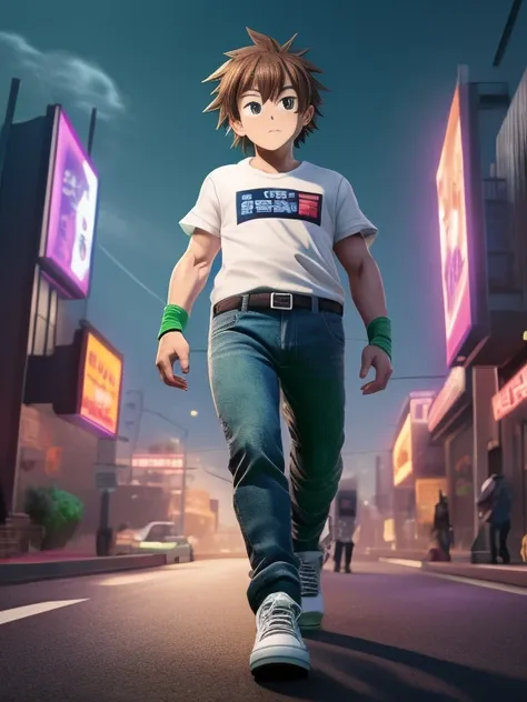 Create a animated tv action show poster of a youthful androgynous human with a pear shaped body, brown hair, a white shirt with green sleeves, a purple lightning bolt on the shirt, blue jeans, and sneakers, the tv show title is “Neoverse”, 2d anime