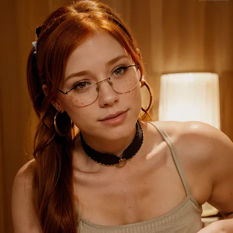 Penny pax redhead long hair ponytail soft curves glasses collar blushing freckles feather earrings princess full body