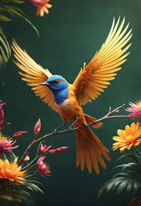 Macro Photography | Clear Outlines | Construct a digital painting that captures the poetic balance between flora and fauna. Feature a majestic bird, wings outspread, perched delicately upon a blooming flower. The composition should blend organic and geomet...