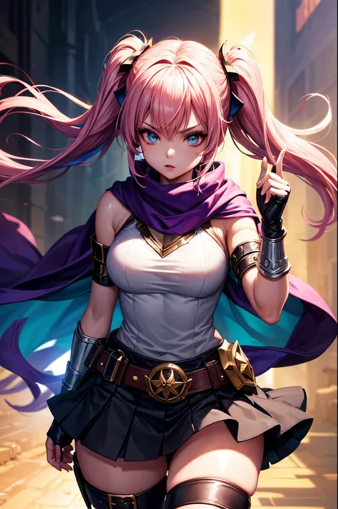 league of legend female character, hyper league of legend art style, void magic student, ((cloak, mini skirt, badge, hand glove, belt, armlet, scarf)), ((colorful twintails, colorful pupil, stripe make up, perfect body shape)), (evil aura, vine effect), (m...