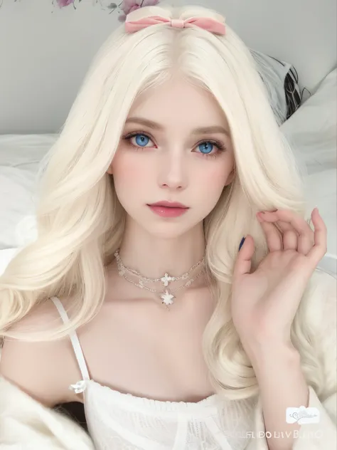 blonde girl with blue eyes and a pink bow on her head, pale porcelain white skin, ivory pale skin, ava max, menina perfeita de cabelos brancos, pale skin curly blond hair, pale snow white skin, pale ivory skin, linda Delphine, porcelana pele branca, extrem...