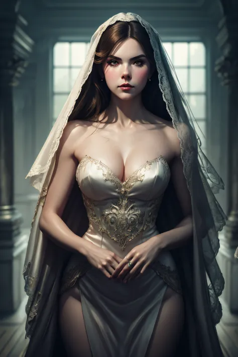 Bailee Madison, veil bride sexy clothes, character portrait, 3 9 9 0 s, long hair, intricate, elegant, highly detailed, digital painting, artstation, concept art, smooth, sharp focus, illustration, art by wlop, charlie bowater and alexandra fomina, no wate...