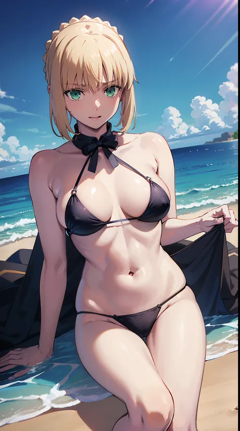 NSFW、artoria、Colossal tits、Mature body type、Lustrous skin、Saber Altria、a blond、Green eyes、Chignonhair、short-cut、adult lady、Lustrous skin、in beach、（masutepiece、of the highest quality、Best Quality、Beautiful CG,）Colossal tits、reallistic、Smile embarrassedly、Li...