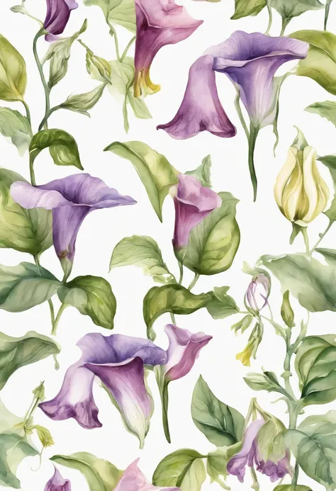 seamless pattern, watercolor style, (((WHITE BACKGROUND))), mini Celestial allure of Angels Trumpet — ethereal lavender, uplifting bergamot, and a hint of celestial musk.