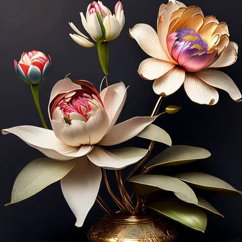 super high quality, (8k, RAW photo, realistic), Japanese paintings, ukiyo-e, artificial flowers made of metal plated, colorful lilies, colorful peonies, Japanese gardens, detailed and delicate depiction and flashy and dynamic painting method, professional ...