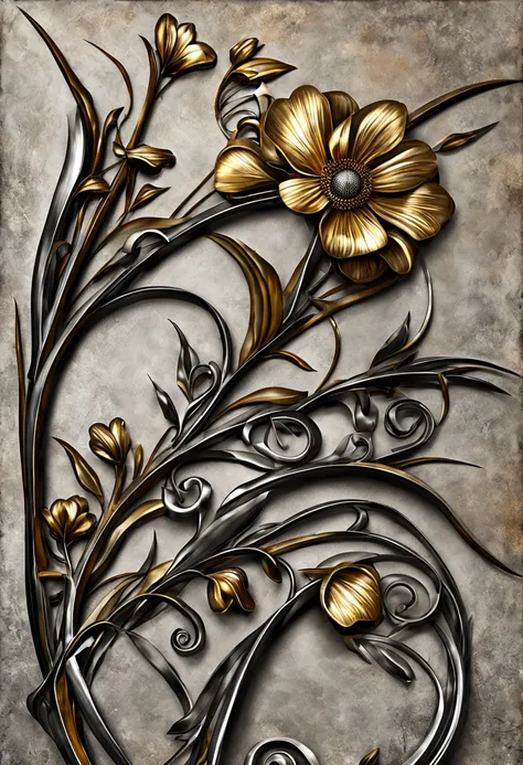 metal art，flower made of iron，iron leaves，bent iron stem，iron flower，Full metallic luster，Metal texture in the post-industrial era，Iron decoration，platinum，white silver and gold，heavy metal style，In the metal world of the future，everything is made of metal...