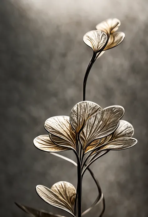 metal art，flower made of iron，iron leaves，bent iron stem，iron flower，Full metallic luster，Metal texture in the post-industrial era，Iron decoration，platinum，white silver and gold，heavy metal style，In the metal world of the future，everything is made of metal...