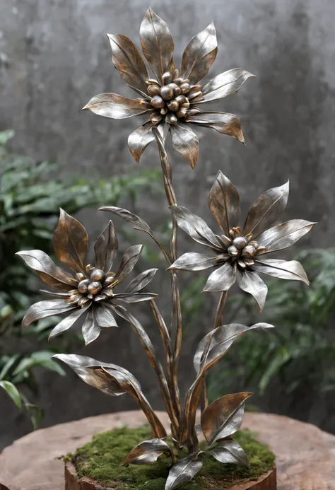 metal art，flower made of iron，iron leaves，bent iron stem，iron flower，Full metallic luster，Metal texture in the post-industrial era，Iron decoration，platinum，white silver and gold，heavy metal style，In the metal world of the future，everything is made of metal...