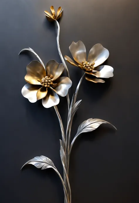 metal art，flower made of iron，iron leaves，bent iron stem，iron flower，Full metallic luster，Metal texture in the post-industrial era，Iron decoration，platinum，white silver and gold，heavy metal style，In the metal world of the future，everything is made of metal...