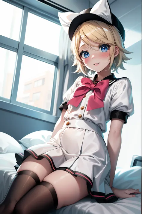 Kagamine rin , 1girl, traje de enfermera, Gorra de enfermera, Desgaste blanco, ((Legwear blanco, Zettai Ryouiki)), Guantes blancos, cabello rubio, ojos azules, labios rosados, They are smiling, En pie, ((hospital room)), sharp outline, manga corta, La mejo...