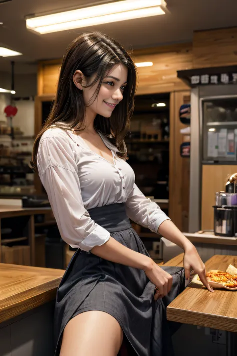 a woman, looking away, long skirt, straddling corner of the counter, ceiling, wearing blouse, small breast, open her legs, (masturbate), shy smile, fast food shop with customers,