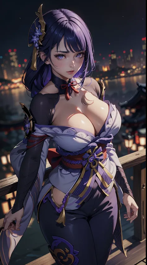 ((4k)),((masterpiece)),(best quality),((ultra detailed)), ((blurry night city background)), (dynamic angle),((beautiful detailed eyes), ((dynamic pose)), pretty face, ((cleavage, sexy pants)),((raidenshogundef))