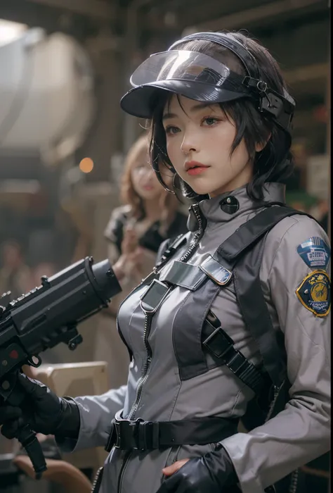 Highest image quality, excellent details, Ultra-high resolution, (Realism: 1.4), The best illustrations, favor details, Highly condensed 1girl, with a delicate and beautiful face, ((Cowboy Shot)), (Wearing a racing suit and liking police uniform, Black and...