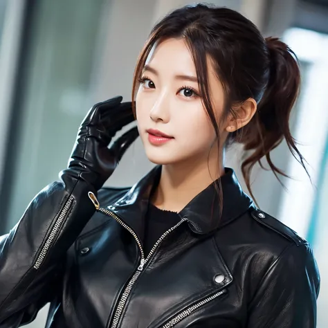 Black leather gloves　Black Leather Double Riders Jacket　Black hair ponytail　Young Japan