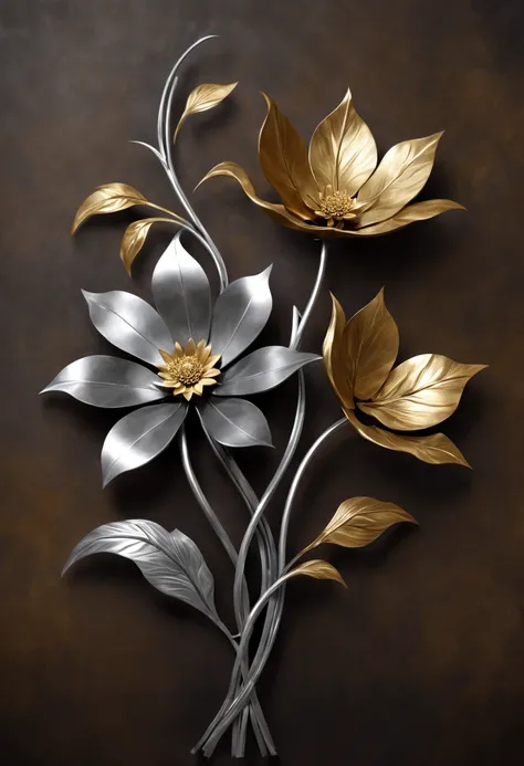 metal art，flower made of iron，iron leaf，iron bend，Iron flower，Full metallic luster，Metal texture in the post-industrial era，Iron decoration，platinum，silver and gold，heavy metal style，In the metal world of the future，everything is made of metal，Metallic flo...