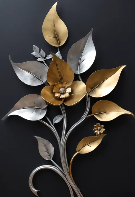 metal art，flower made of iron，iron leaf，iron bend，Iron flower，Full metallic luster，Metal texture in the post-industrial era，Iron decoration，platinum，silver and gold，heavy metal style，In the metal world of the future，everything is made of metal，Metallic flo...