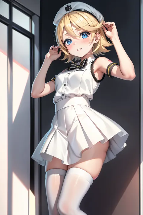 Kagamine rin , 1girl, traje de enfermera, Gorra de enfermera, Desgaste blanco, ((Legwear blanco, Zettai Ryouiki)), Guantes blancos, cabello rubio, ojos azules, labios rosados, They are smiling, En pie, ((hospital room)), sharp outline, manga corta, La mejo...