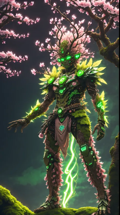 cyberpunk treeman,glowing light eyes，mossy bark，tribe outfit，ancient tribal markings，peach blossom，soft and delicate petals.