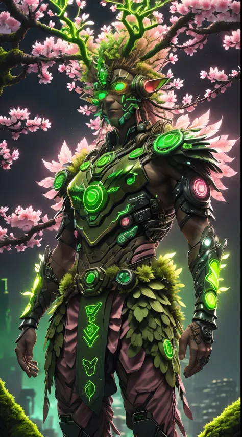 Cyberpunk Treeman,glowing light eyes，mossy bark，tribe outfit，ancient tribal markings，peach blossom，Soft and delicate petals.