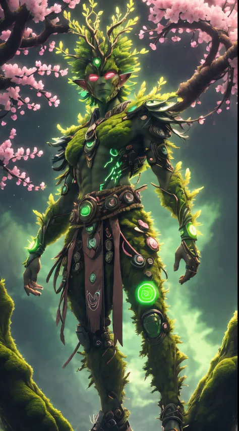 Cyberpunk Treeman,glowing light eyes，mossy bark，tribe outfit，(ancient tribal markings)，(peach blossom)，Soft and delicate petals.