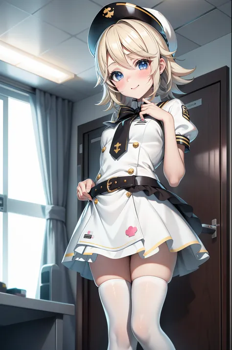 Kagamine rin , 1girl, traje de enfermera, Gorra de enfermera, Desgaste blanco, ((Legwear blanco, Zettai Ryouiki)), Guantes blancos, cabello rubio, ojos azules, labios rosados, They are smiling, En pie, ((hospital room)), sharp outline, manga corta, La mejo...