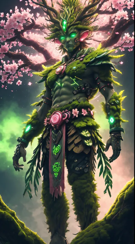 Cyberpunk Treeman,glowing light eyes，mossy bark，tribe outfit，(ancient tribal markings)，(peach blossom)，Soft and delicate petals.