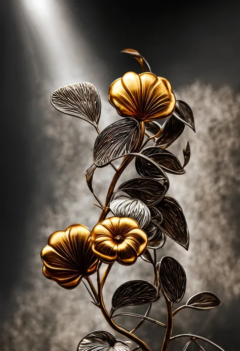 metal art，flower made of iron，iron leaf，Tiewan，Iron flower，Full metallic luster，Metal texture in the post-industrial era，Iron decoration，platinum，silver and gold medals，heavy metal style，In the metal world of the future，everything is made of metal，Metallic...