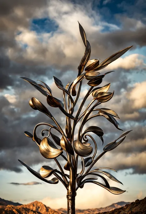 metal art，flower made of iron，iron leaf，Tiewan，Iron flower，Full metallic luster，Metal texture in the post-industrial era，Iron decoration，platinum，silver and gold medals，heavy metal style，In the metal world of the future，everything is made of metal，Metallic...