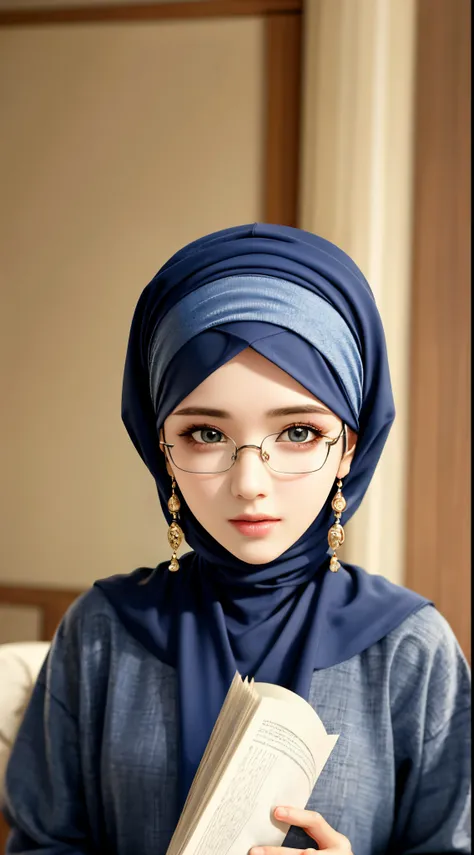 1girl, adult girl, solo, beautiful face, high detailed realistic eyes, double eyelids, high detailed realistic pupils, upon body from head to waist, (wearing hijab:1.2), (moslem headscarf:1.2), reading glasses.