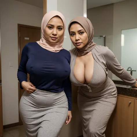 2woman,45 years Old, Hijab Indonesian mature woman, Big Tits : 12.9, doctor suit,curvy body, full body, having lifted each other clothes, professional shot, at doctor office.