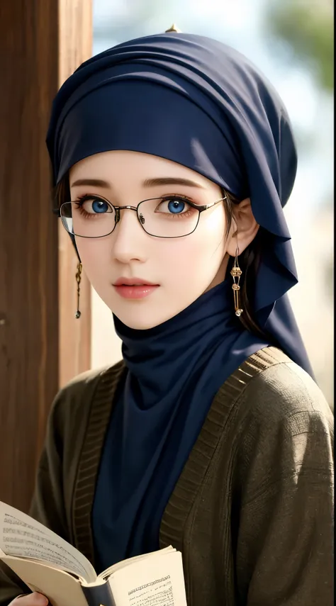 1girl, adult girl, solo, beautiful face, high detailed realistic eyes, double eyelids, high detailed realistic pupils, upon body from head to waist, (wearing hijab:1.2), (moslem headscarf:1.2), reading glasses.