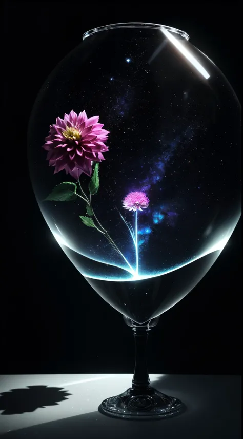 There is a glass vase with dahlias inside., Galaxy in a bottle, A dream-like landscape inside the bottle, Bottle of Stars, Staring into space, Giant glass dome in space, stars reflected in glass, crystal orb, in the astral plane)), adam martinski, Detailed...