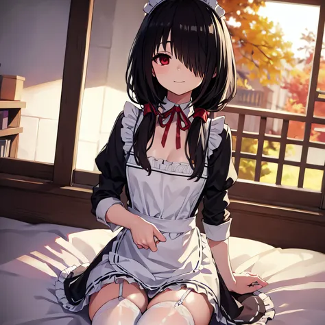 kurumitokisaki, tokisaki kurumi, black hair, low twintails, (hair over one eye:1.5), (red eyes:1.2), (small breast:1.2), BREAK blush, smile, thighhighs, bow, ribbon, cleavage, frills, apron, white thighhighs, wrist cuffs, maid, maid headdress, garter strap...