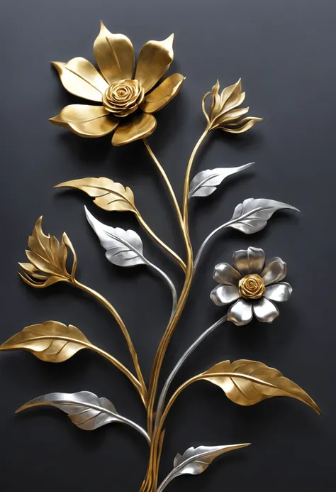 metal art，flower made of iron，iron leaf，Tiewan，Iron flower，Full metallic luster，Metal texture in the post-industrial era，Iron decoration，platinum，silver and gold medals，heavy metal style，In the metal world of the future，everything is made of metal，Metallic...