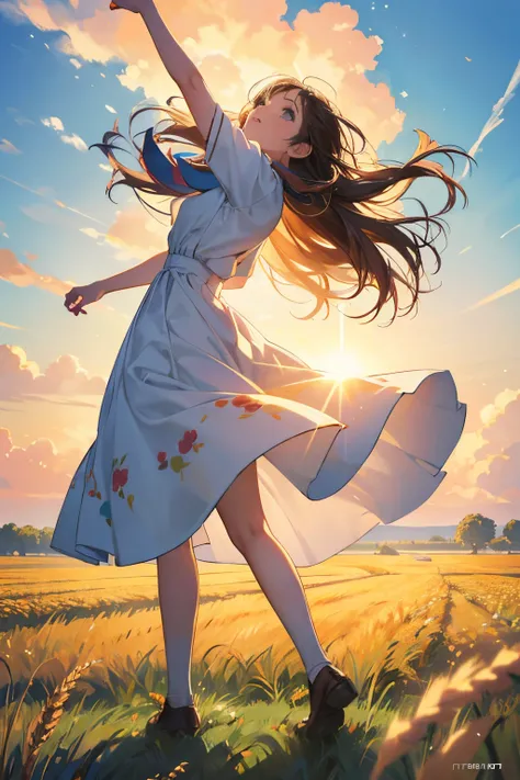 Fresh painting style，Full Body Angle:1.5,In the wheat field，girl with，Keep hands away from sunlight，Bright sky，Looking Up，Anime characters，ultra - detailed，Highly realistic，tmasterpiece，8K，hyper HD，