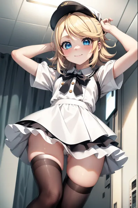 Kagamine rin , 1girl, traje de enfermera, Gorra de enfermera, Desgaste blanco, ((Legwear blanco, Zettai Ryouiki)), Guantes blancos, cabello rubio, ojos azules, labios rosados, They are smiling, En pie, ((hospital room)), sharp outline, manga corta, La mejo...