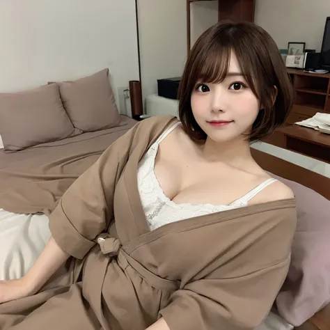 Very cute Japan person。Short Bob Hair。Light brown hair。huge tit。Sleeping on a bed。